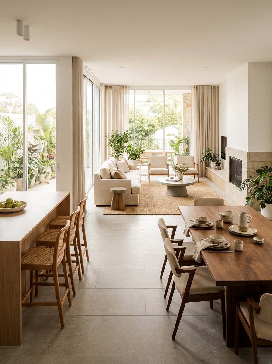 Guest-ready open living and dining resort condo layout Open living and dining area arranged for easy guest use with seating oriented toward the lanai view. | Sky Rye Design Open living and dining area arranged for easy guest use with seating oriented toward the lanai view.