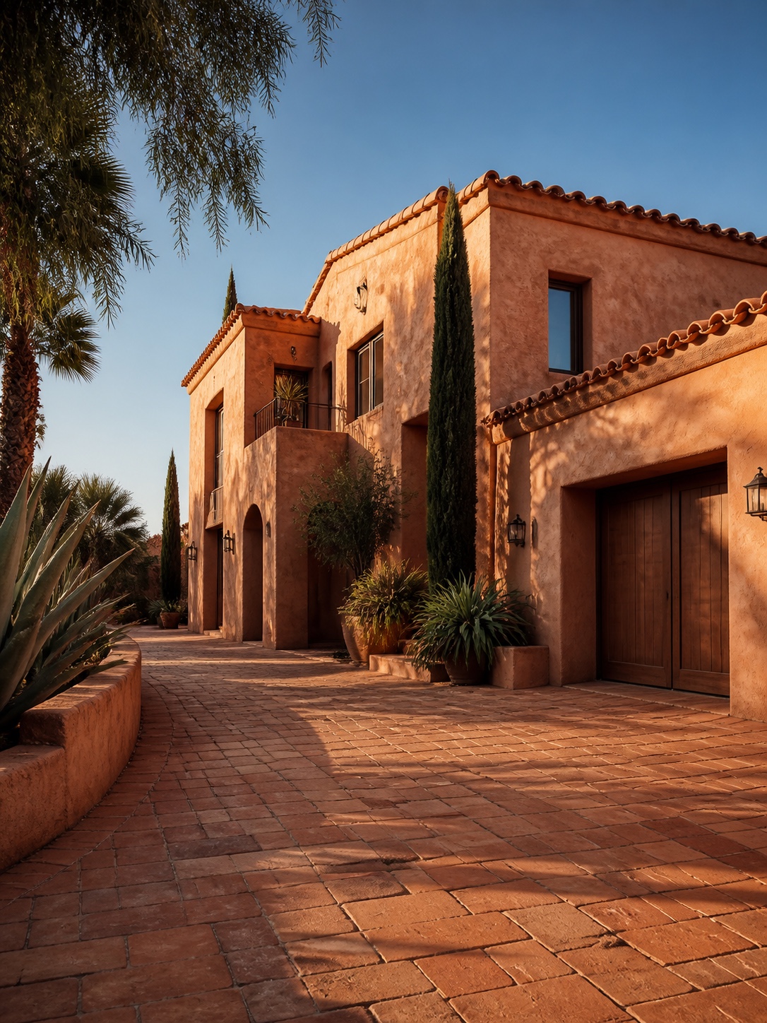 Driveway design idea - Mediterranean home driveway match warm pavers Mediterranean-style home with warm terracotta pavers in the driveway | Sky Rye Design Mediterranean-style home with warm terracotta pavers in the driveway