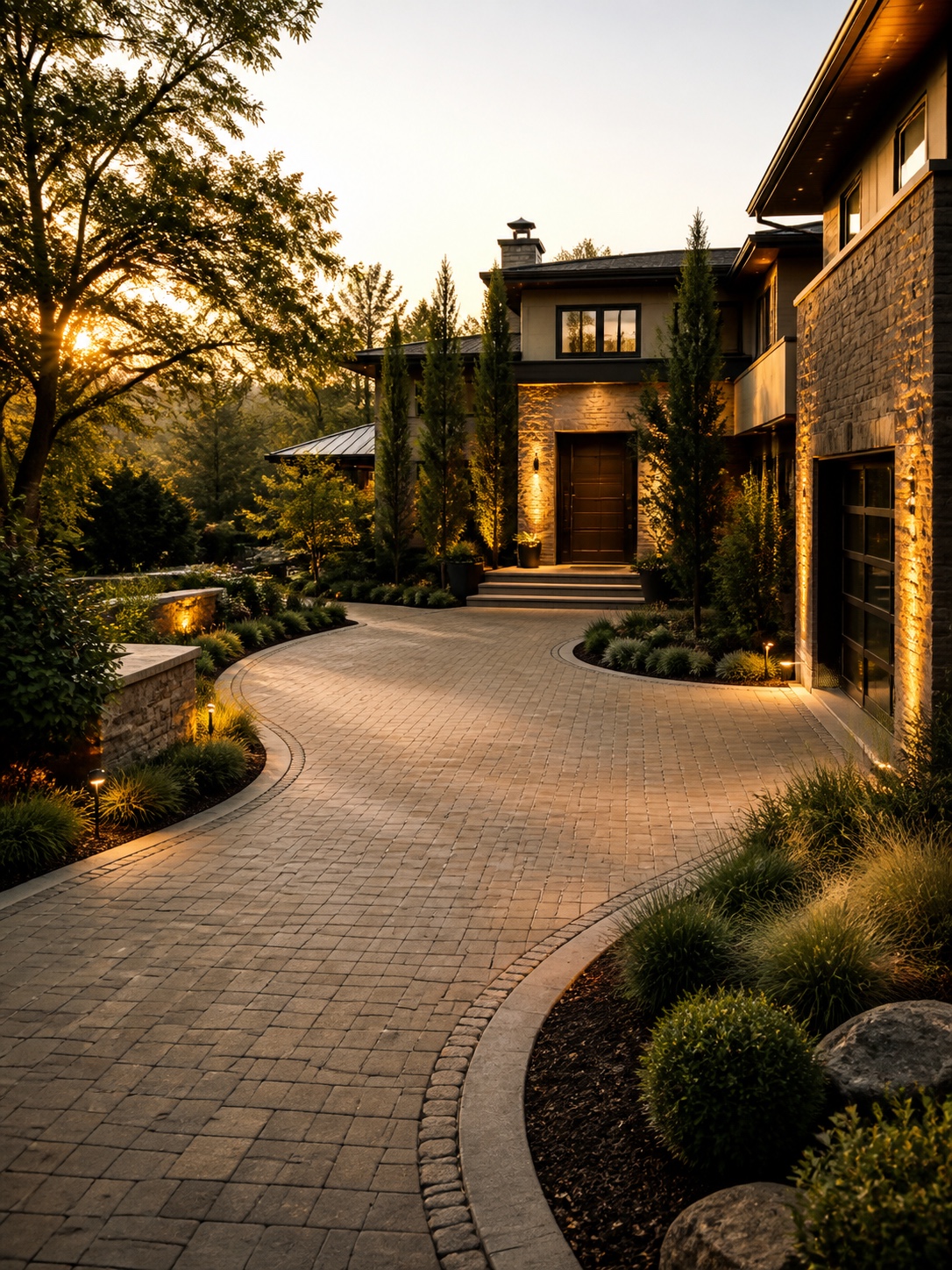 Driveway design idea - complete driveway and landscaping at golden hour Finished driveway approach with borders, greenery, and warm golden-hour lighting | Sky Rye Design Finished driveway approach with borders, greenery, and warm golden-hour lighting