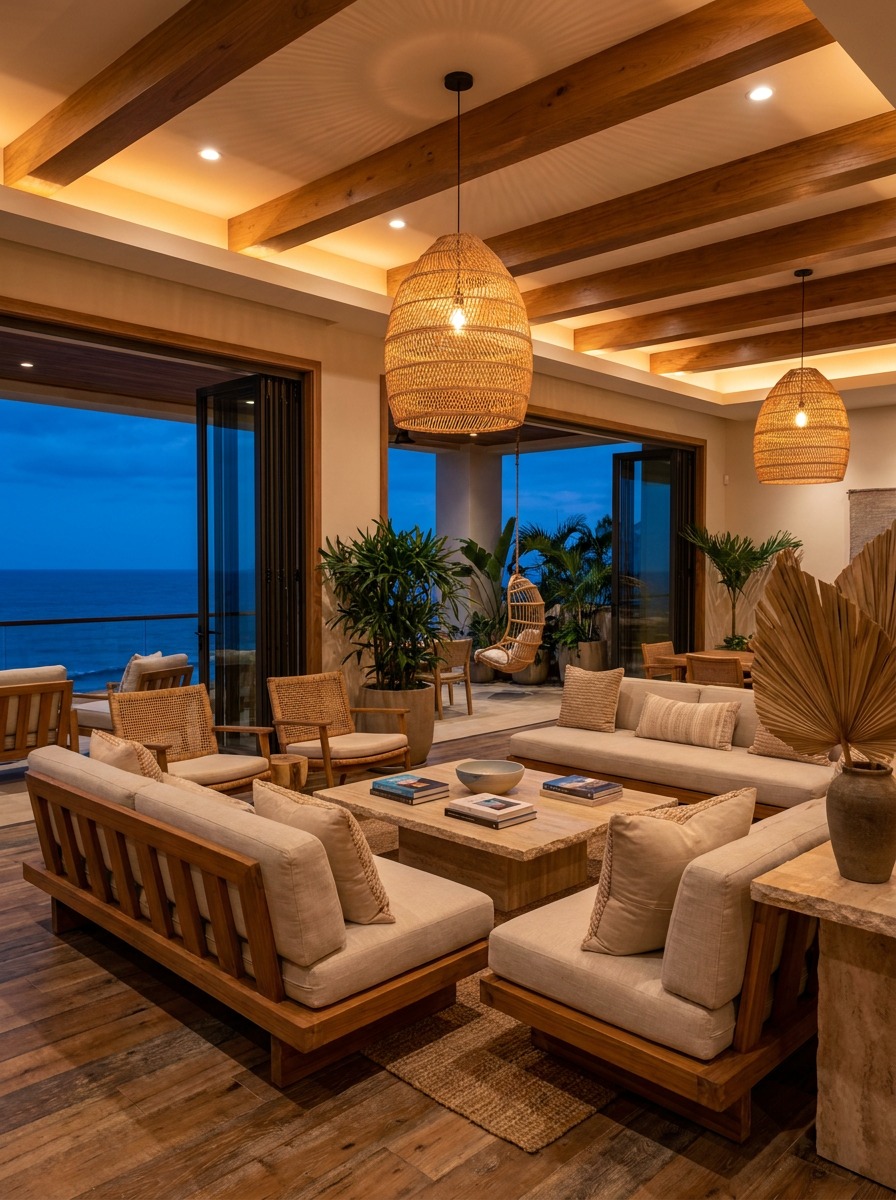 Full Hawaiian resort condo interior at dusk Complete open-plan Hawaiian resort condo interior at dusk with lanai doors open to the ocean horizon. | Sky Rye Design Complete open-plan Hawaiian resort condo interior at dusk with lanai doors open to the ocean horizon.