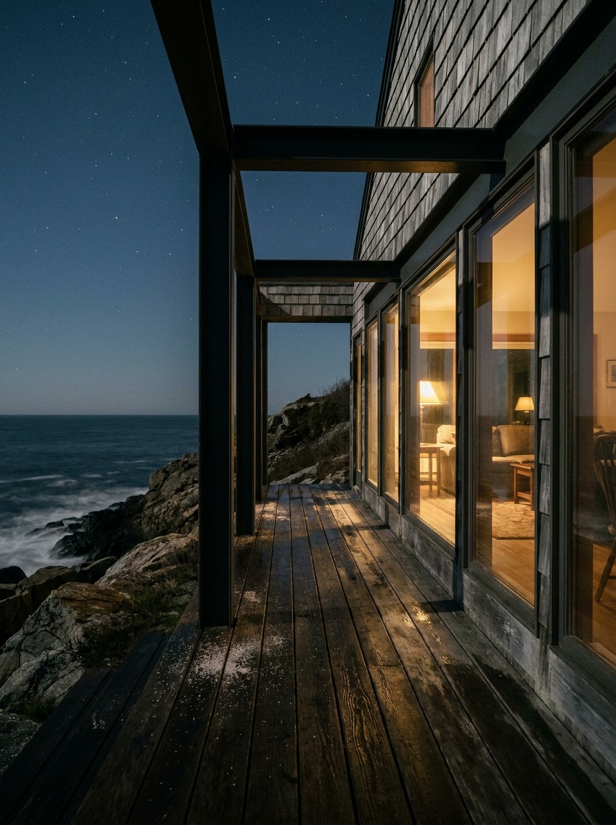 Night exterior of a coastal house with warm window light spilling onto a wraparound deck Night exterior of a coastal house with warm window light spilling onto a wraparound deck. | Sky Rye Design Night exterior of a coastal house with warm window light spilling onto a wraparound deck.