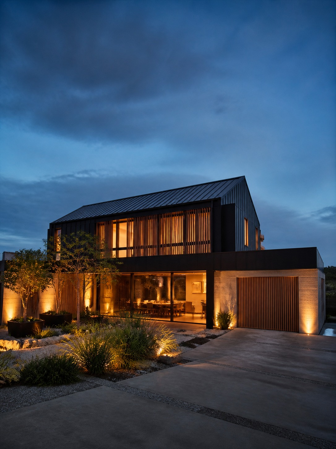 Final showcase fully assessed well-maintained roof at dusk Modern home at dusk with a crisp, well-maintained roofline and warm window light. | Sky Rye Design Modern home at dusk with a crisp, well-maintained roofline and warm window light.