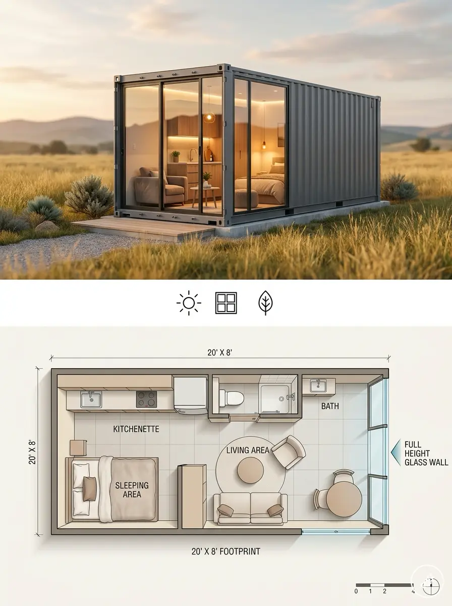 Shipping_container_home_architec_202608101207 Exterior view of a glass-walled shipping-container tiny house in a grassy field at sunset; interior living area and kitchenette visible through the glass front, plus a floor plan below. | Sky Rye Design 20ft container home with a glass end wall and floor plan showing a sleeping area, kitchenette, and bathroom