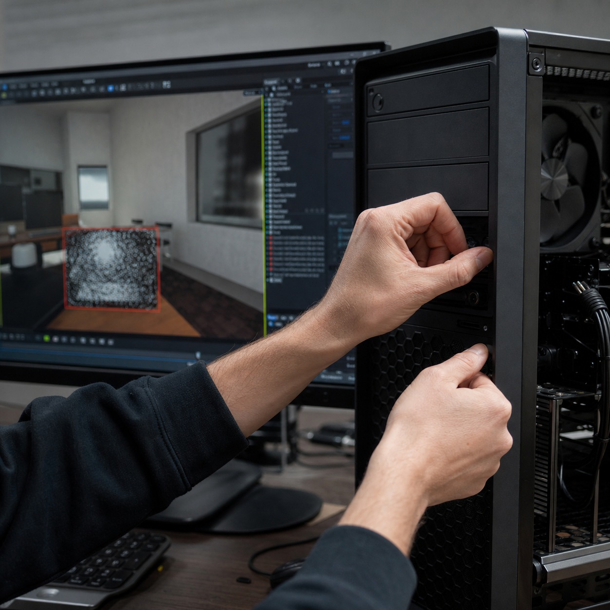 Remote IT support image prompt 5 Dezeen editorial Designer adjusting a workstation tower beside a monitor showing a 3D rendering error. | Sky Rye Design Designer adjusting a workstation tower beside a monitor showing a 3D rendering error.