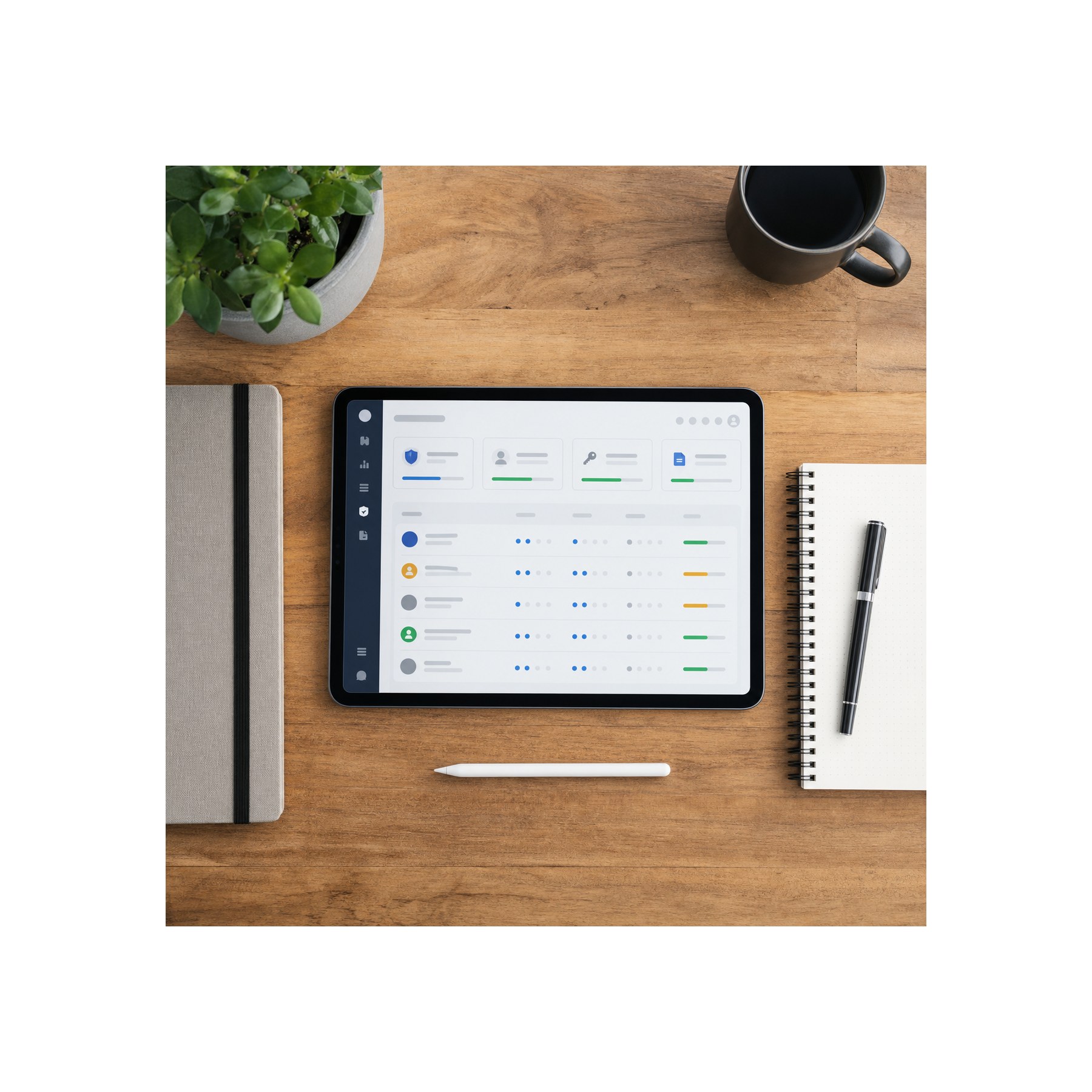 Access permission audit dashboard Tablet on a studio desk showing an access permission audit dashboard | Sky Rye Design Tablet on a studio desk showing an access permission audit dashboard