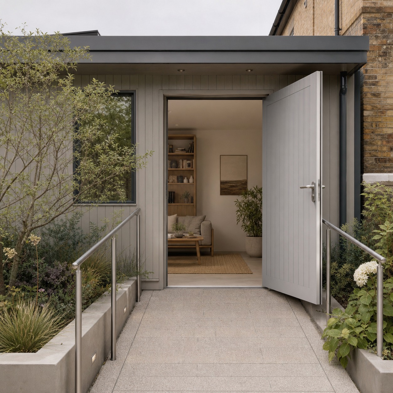 Accessible Annexe Entrance Ramp An accessible annexe entrance with a level threshold and landscaped wheelchair-friendly ramp. | Sky Rye Design An accessible annexe entrance with a level threshold and landscaped wheelchair-friendly ramp.