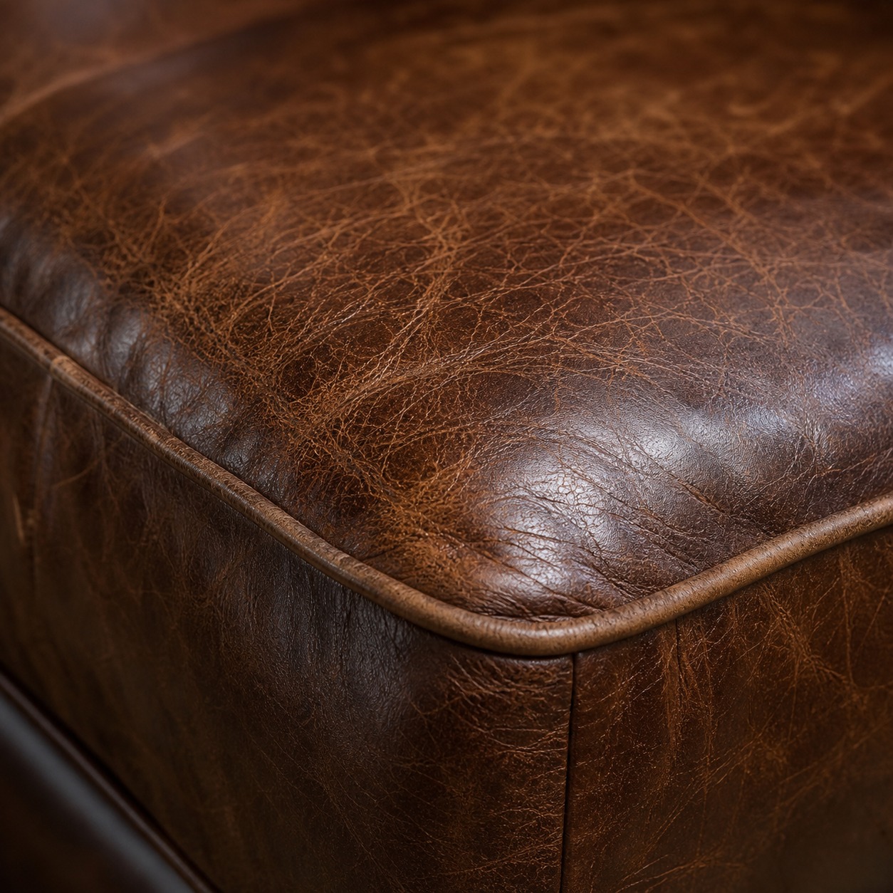 Aged leather sofa patina seat detail Close detail of leather sofa patina and softened seat edge | Sky Rye Design Close detail of leather sofa patina and softened seat edge