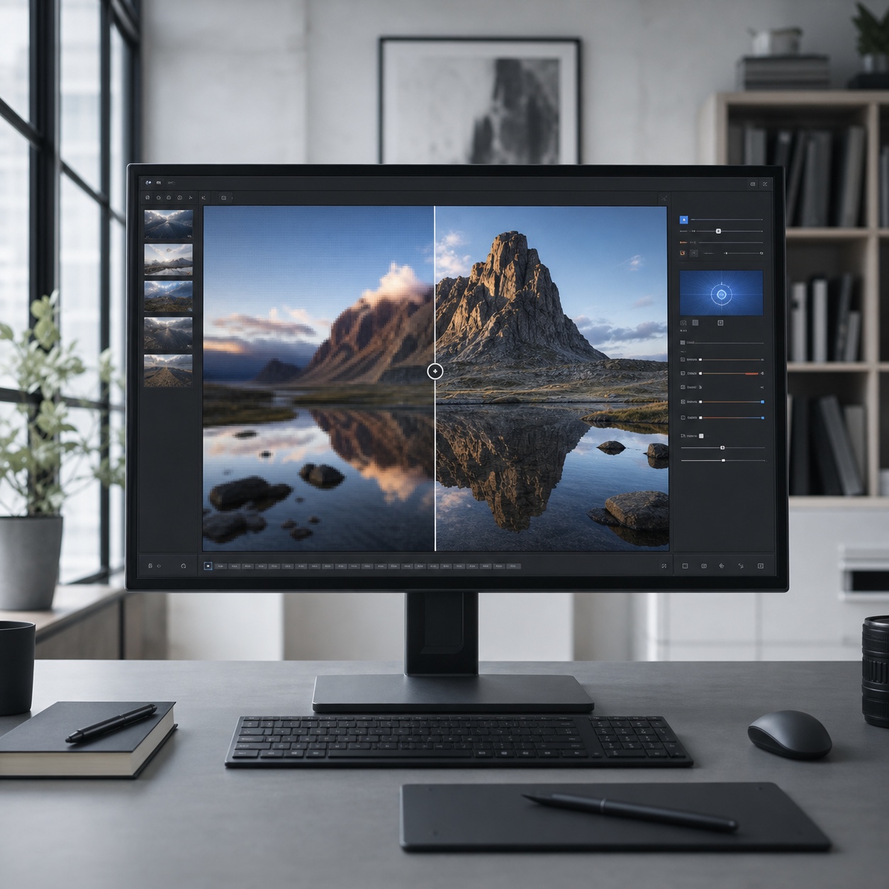 Design studio monitor showing an AI image upscaling comparison for portfolio work