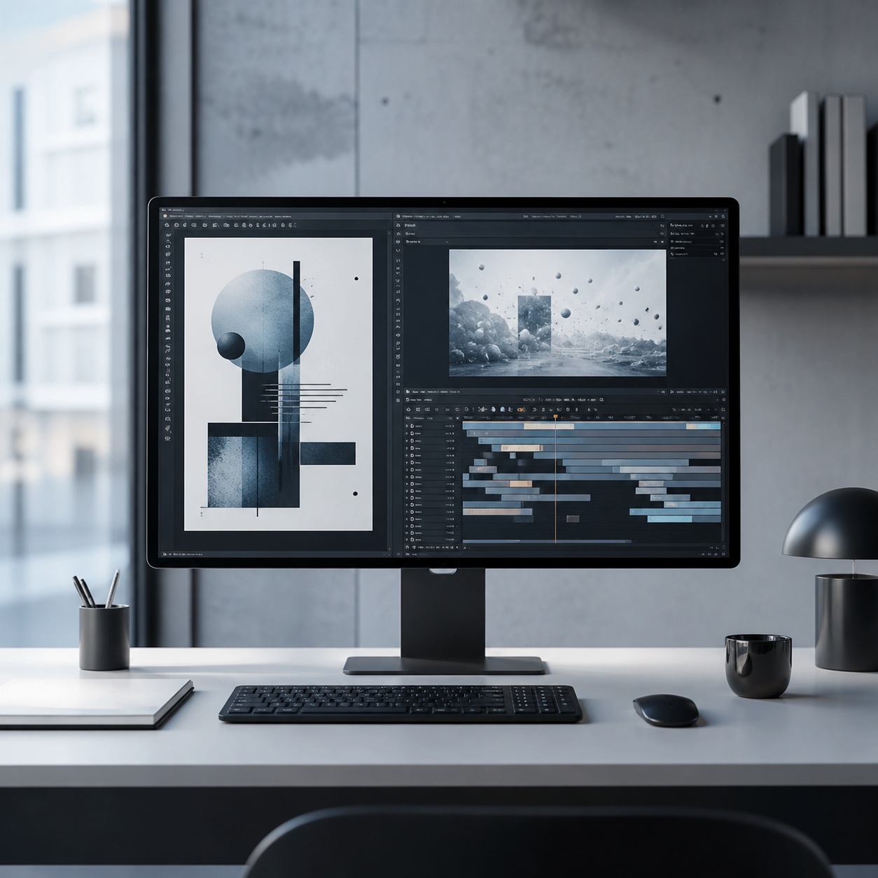 A design studio workstation showing a static poster beside an AI video timeline.