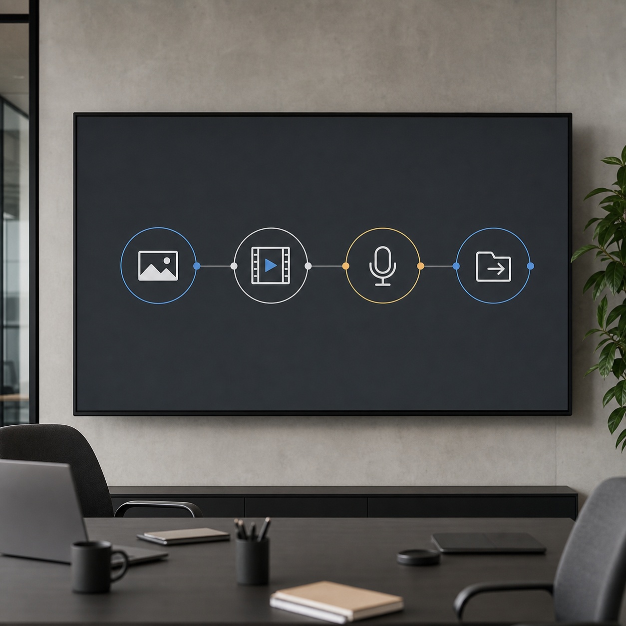 A large studio screen showing an AI video pipeline from still image to final export.