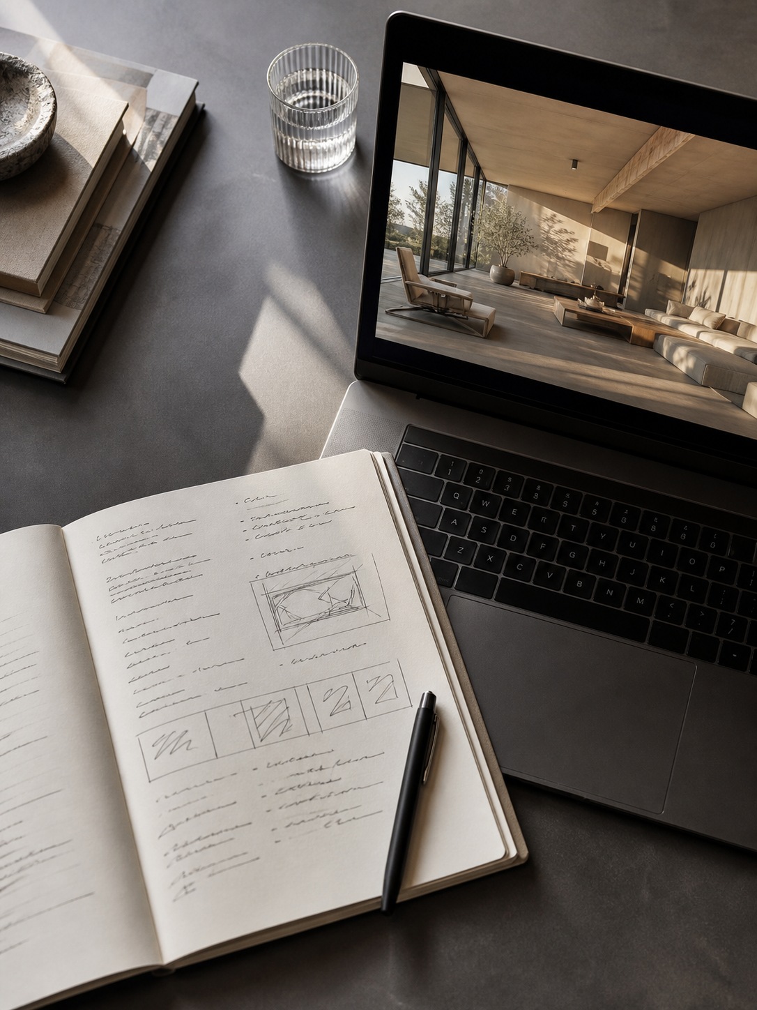 Prompt-writing workspace with notebook and generated result A notebook with structured AI video prompt notes sits beside a laptop showing a generated result. | Sky Rye Design A notebook with structured AI video prompt notes sits beside a laptop showing a generated result.