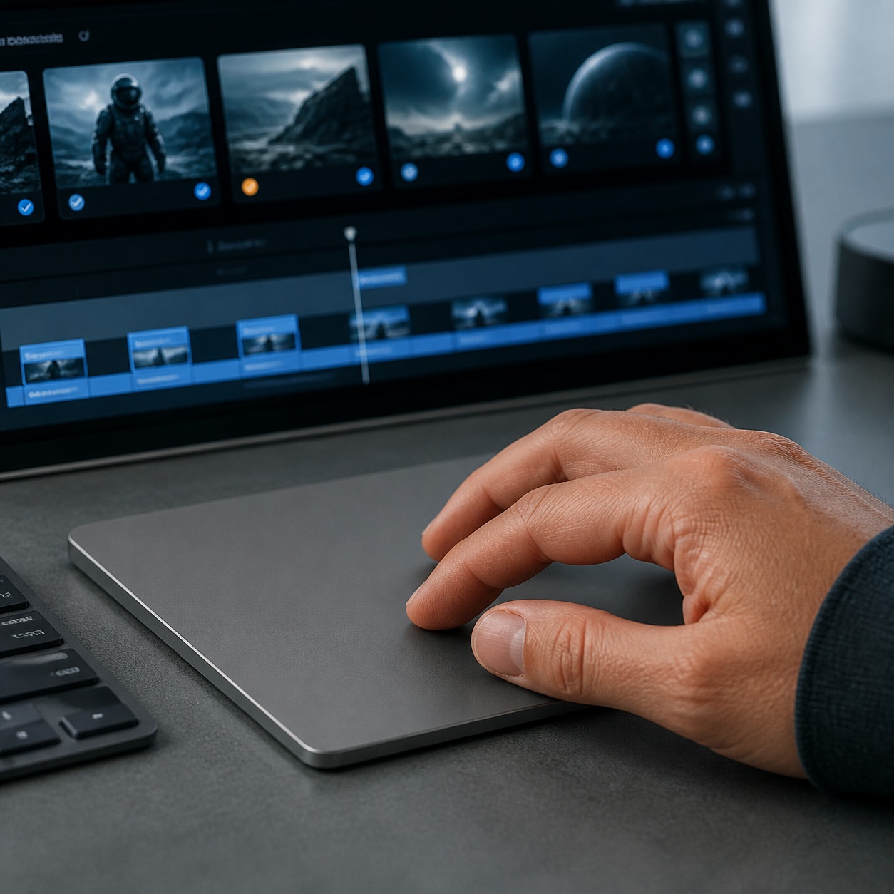A designer scrubbing through an AI video timeline to check frame consistency.