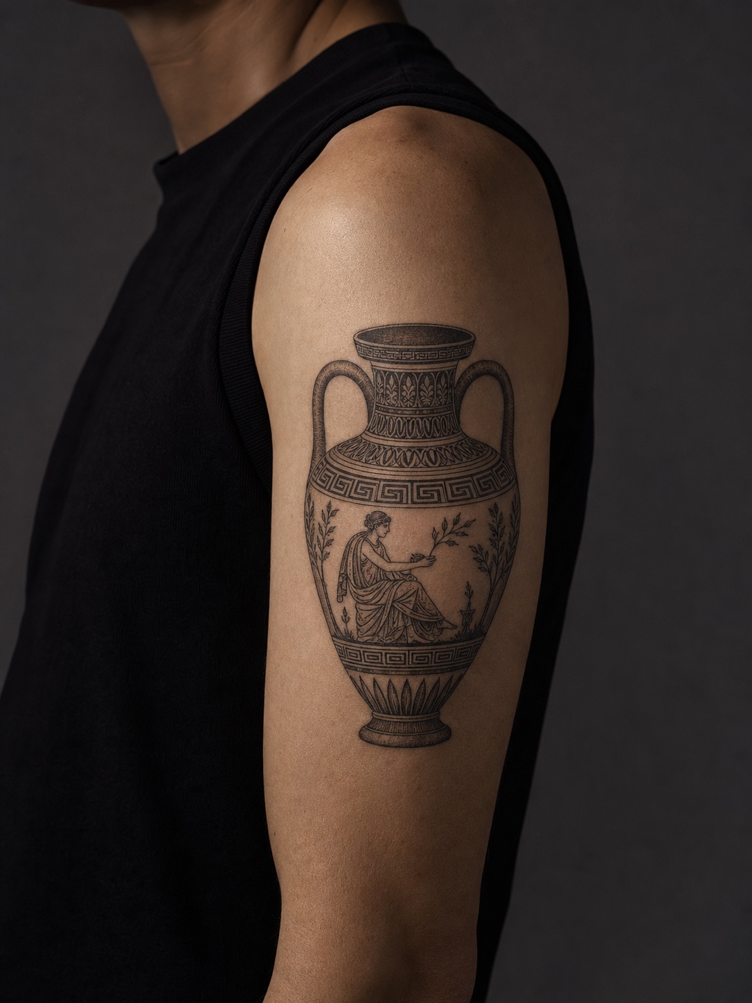 Amphora pottery upper arm tattoo Amphora vase tattoo on an upper arm with Greek pottery border details. | Sky Rye Design Amphora vase tattoo on an upper arm with Greek pottery border details.
