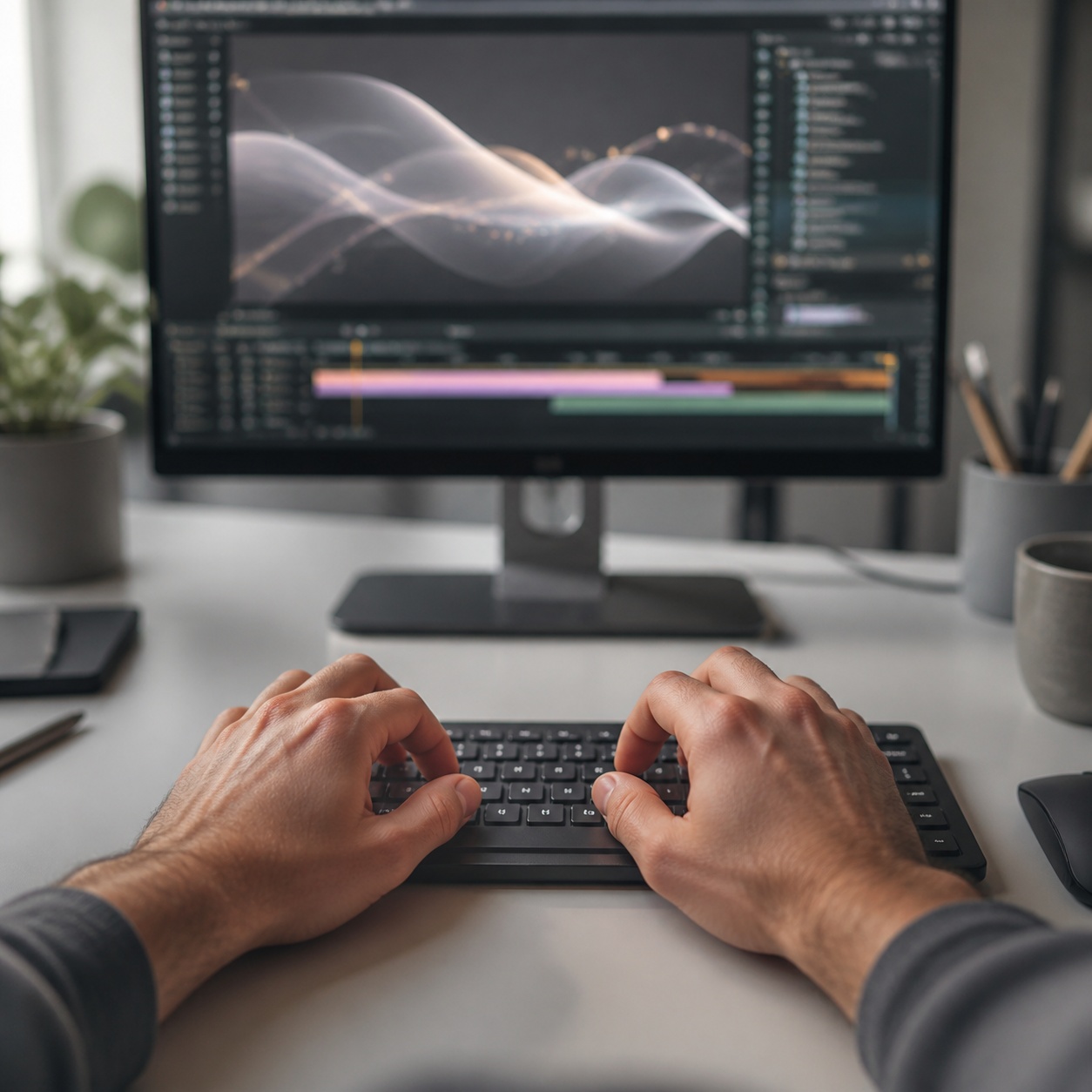 A designer typing while a finished animated portfolio hero plays on a monitor.