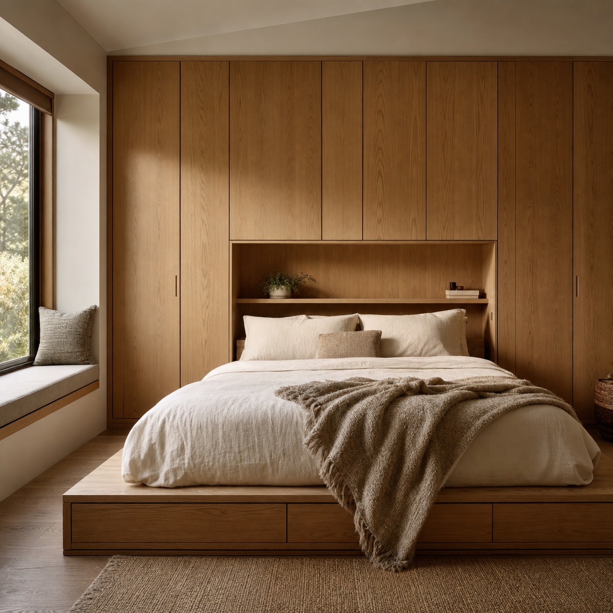 Annexe Bedroom Platform Storage A granny annexe bedroom with platform bed storage and a full-height wardrobe wall. | Sky Rye Design A granny annexe bedroom with platform bed storage and a full-height wardrobe wall.