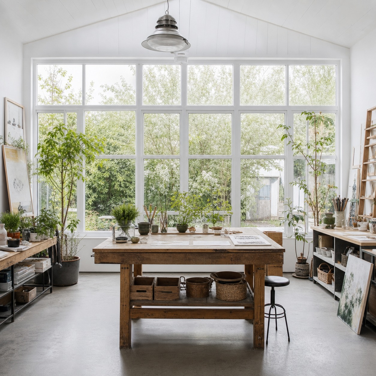 Annexe Garden Design Studio A garden annexe studio interior with a work table and large north-facing window wall. | Sky Rye Design A garden annexe studio interior with a work table and large north-facing window wall.