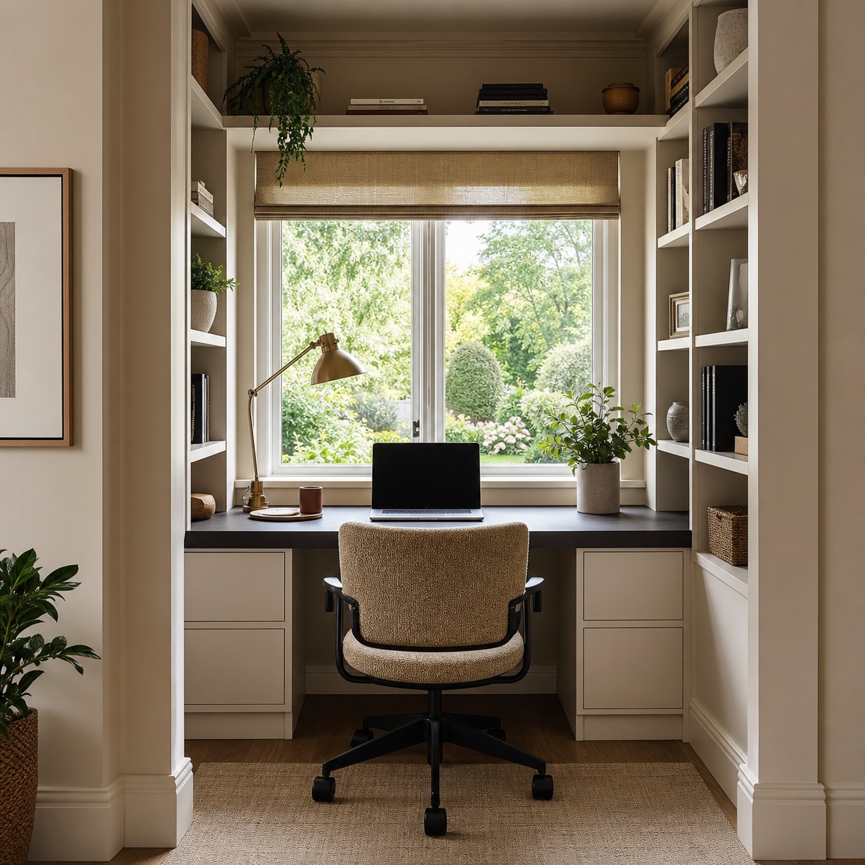 Annexe Home Office Alcove A garden annexe home-office alcove with shelving and a desk below a window. | Sky Rye Design A garden annexe home-office alcove with shelving and a desk below a window.