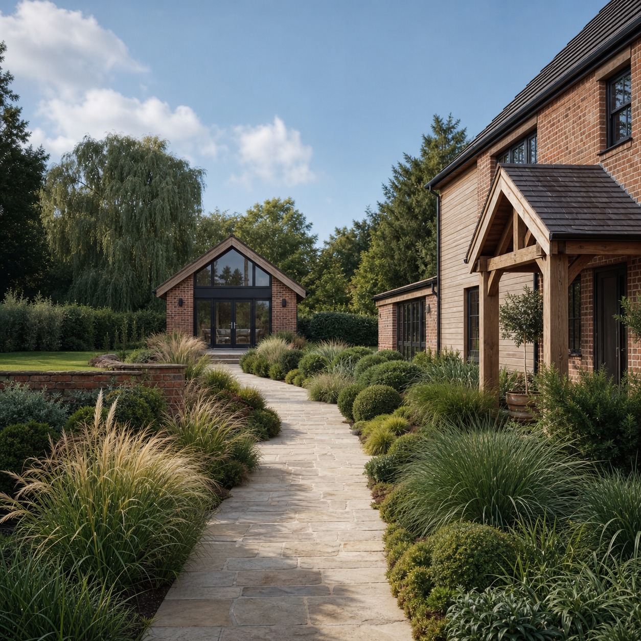 Annexe and Main House Garden Path A landscaped garden path connecting a main house to a separate annexe. | Sky Rye Design A landscaped garden path connecting a main house to a separate annexe.