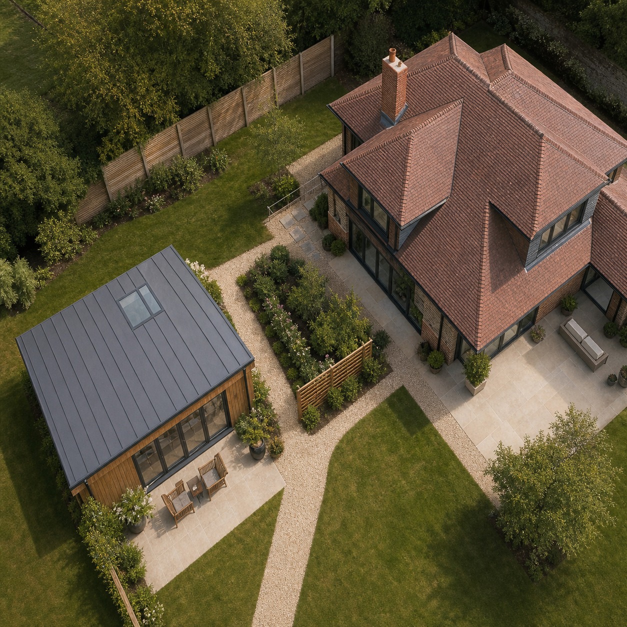 Annexe and Main House Layout Aerial An overhead view showing an annexe, main house, garden path, screening and rooflines. | Sky Rye Design An overhead view showing an annexe, main house, garden path, screening and rooflines.