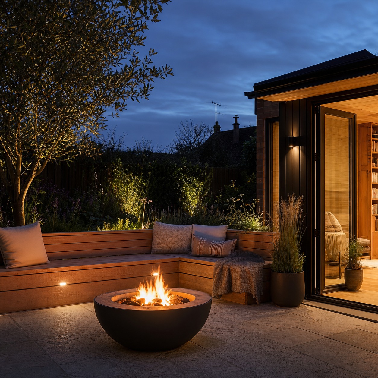 Annexe Outdoor Seating Nook An annexe outdoor seating nook with a built-in bench and fire bowl at dusk. | Sky Rye Design An annexe outdoor seating nook with a built-in bench and fire bowl at dusk.