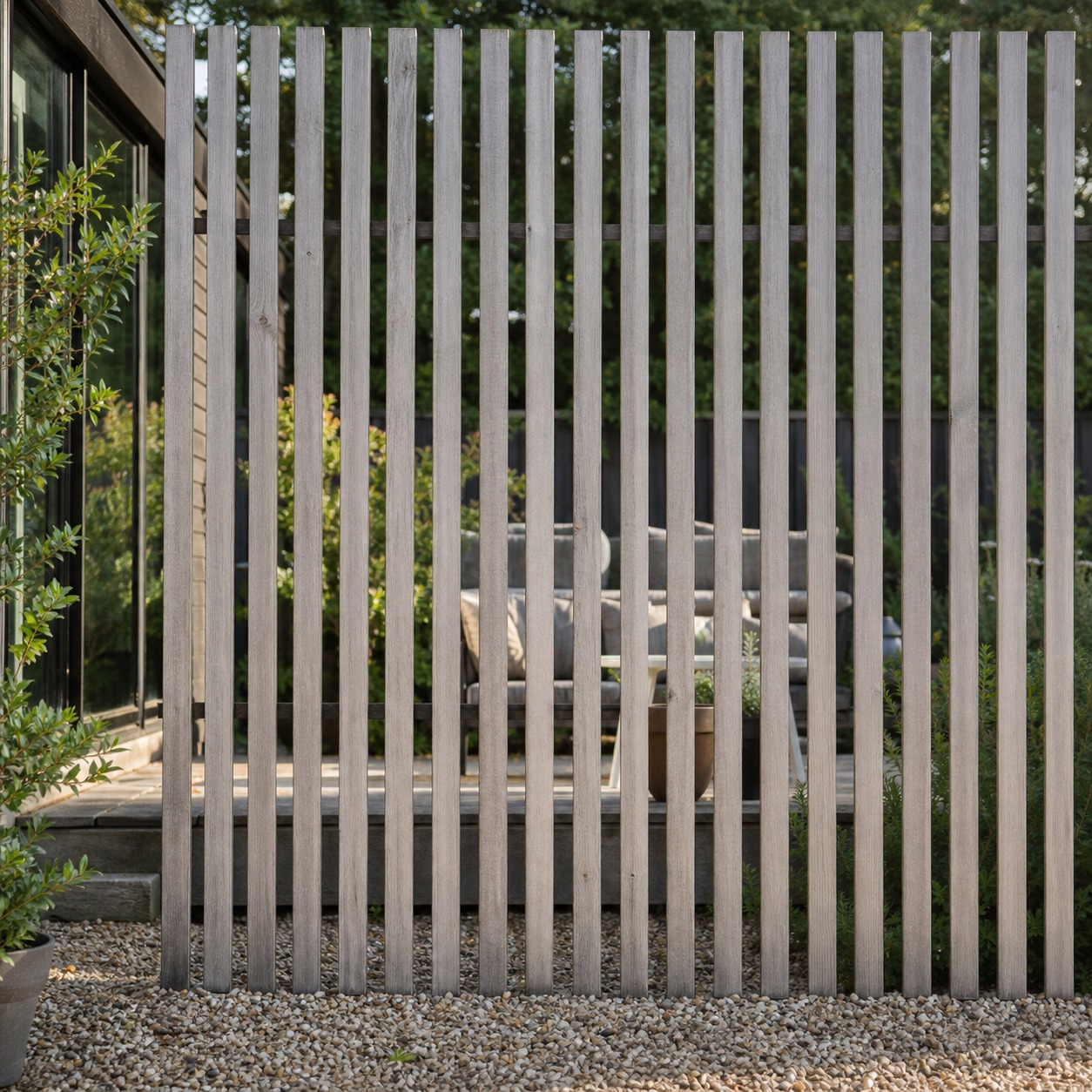 Annexe Timber Screening Fence A slatted timber screening fence giving privacy to an annexe seating area. | Sky Rye Design A slatted timber screening fence giving privacy to an annexe seating area.
