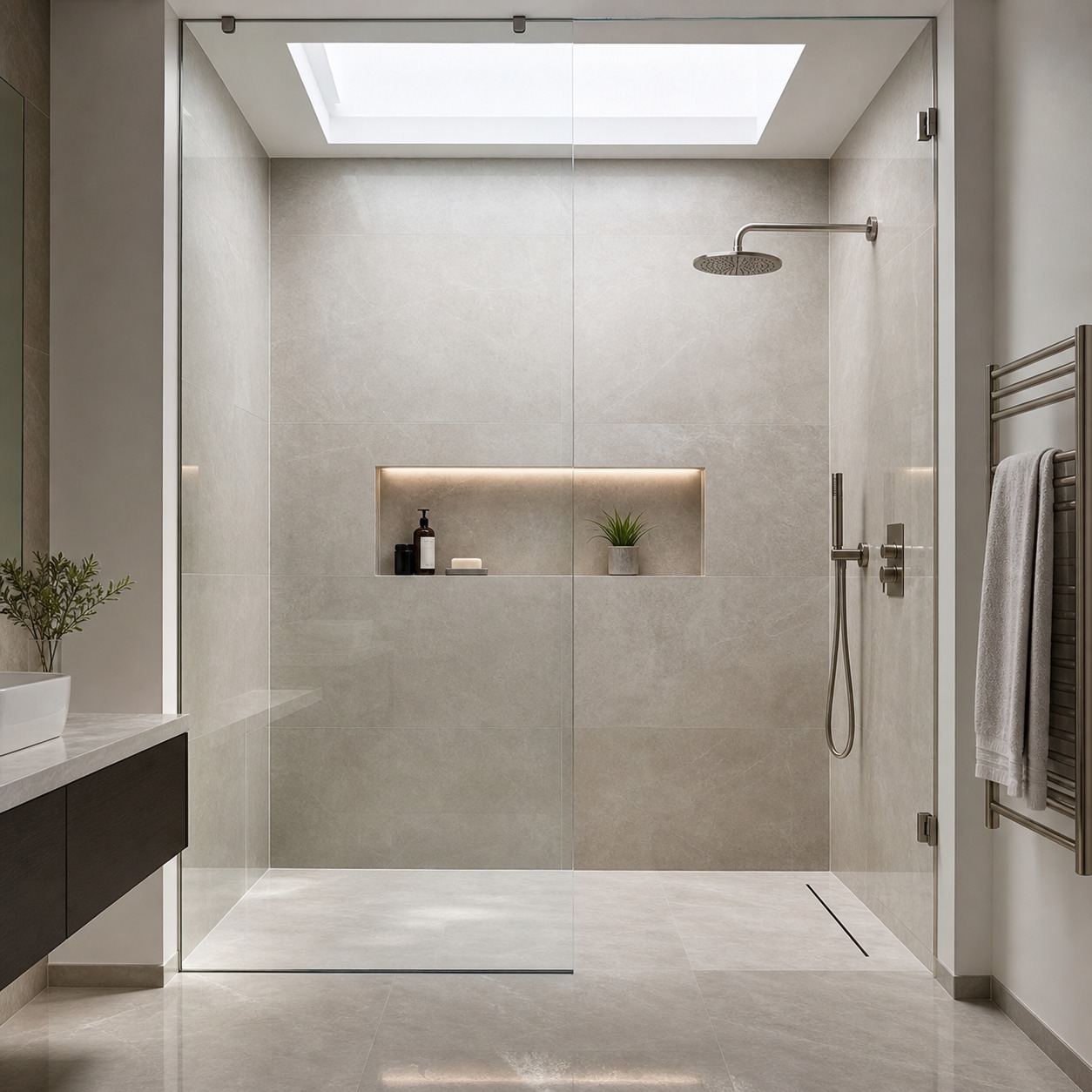 Annexe Wet Room Bathroom A modern annexe wet room with large-format tile, walk-in shower and level floor. | Sky Rye Design A modern annexe wet room with large-format tile, walk-in shower and level floor.