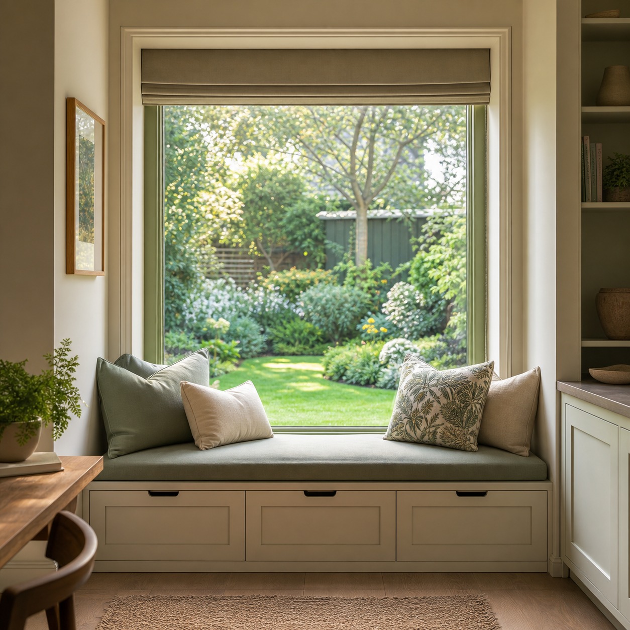 Annexe Window Seat Storage A built-in annexe window seat with under-seat storage and a landscaped garden view. | Sky Rye Design A built-in annexe window seat with under-seat storage and a landscaped garden view.