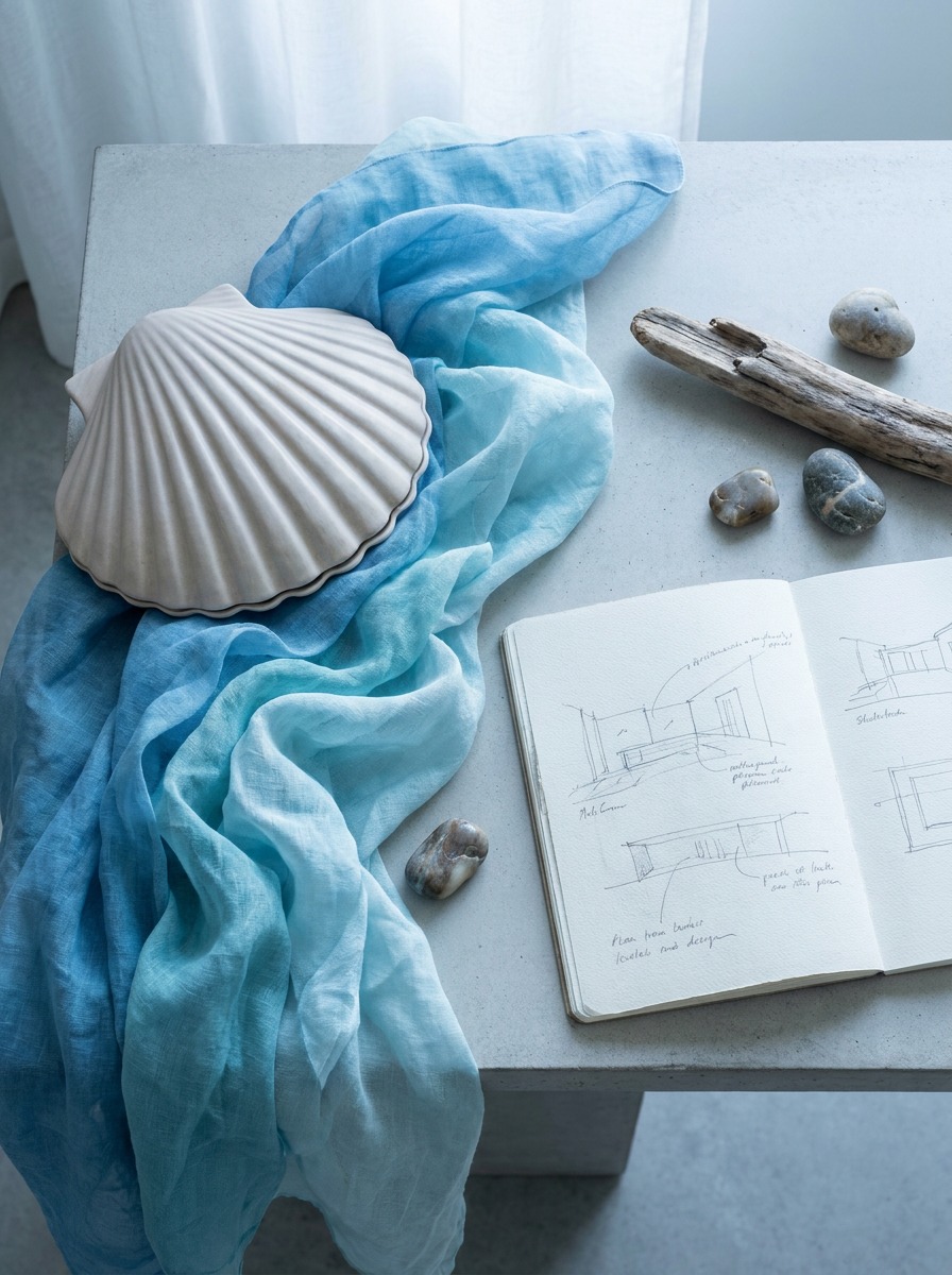 Shell and blue fabric still life referencing Botticelli ocean imagery beside a sketchbook