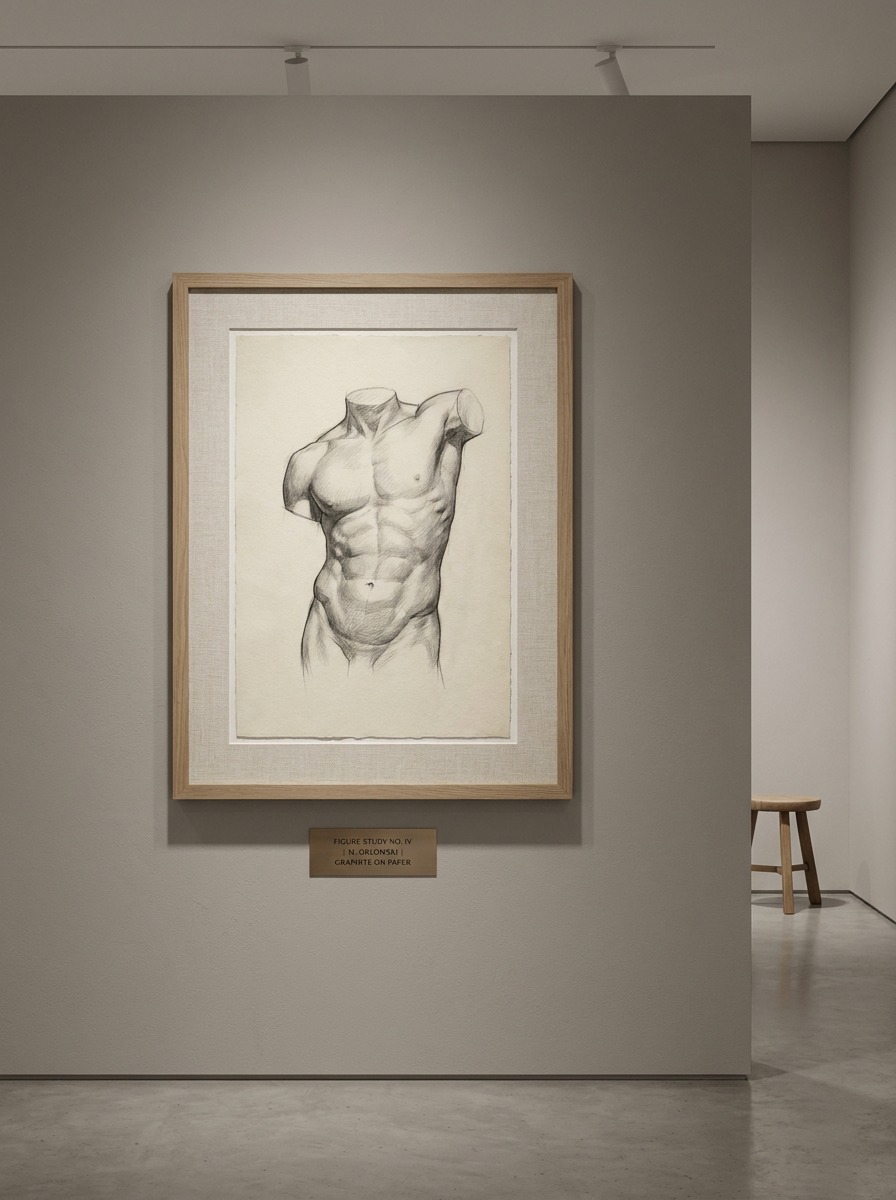 Finished classical academic graphite figure study displayed in a modern studio