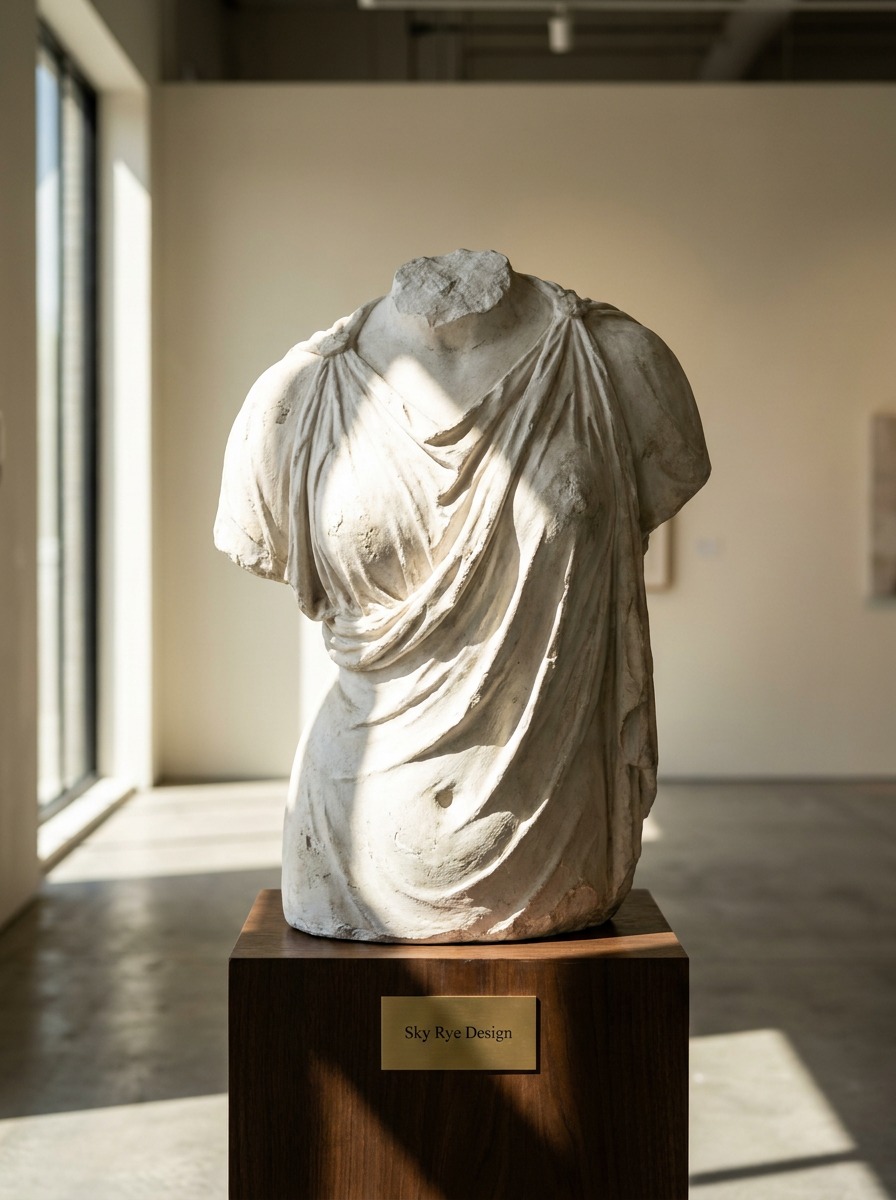 Close detail of a classical plaster torso study with sculptural drapery folds