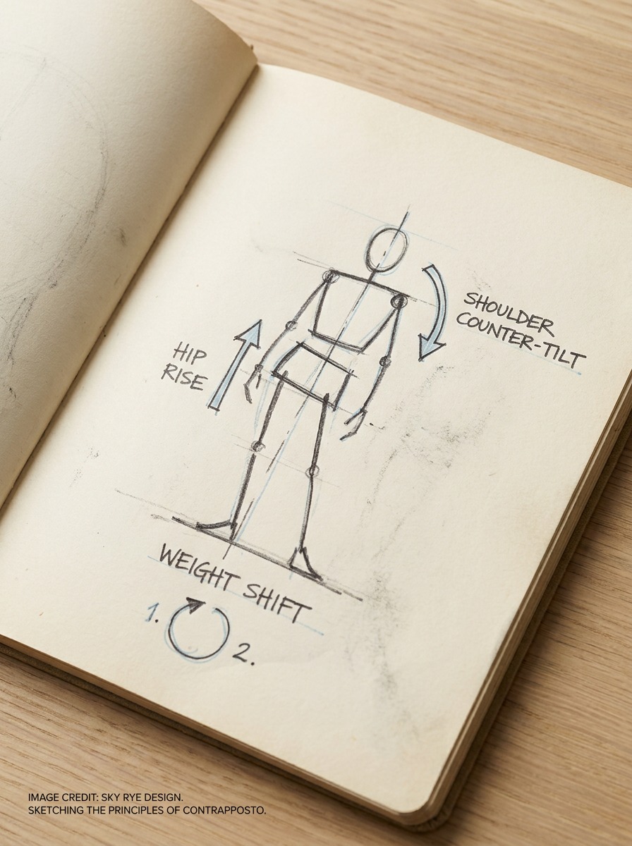 Sketchbook diagram showing hip rise and shoulder counter-tilt in contrapposto