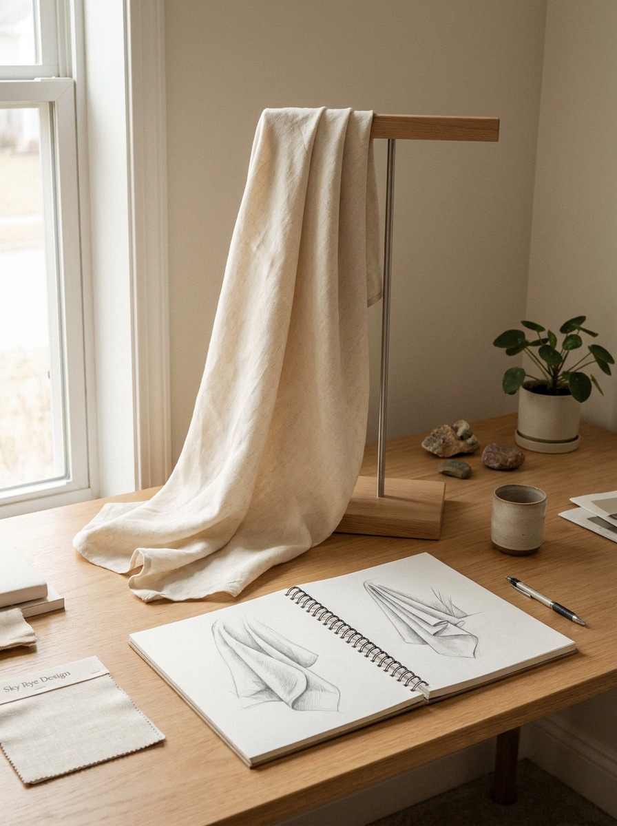 Studio fabric reference setup beside a sketchbook drapery study