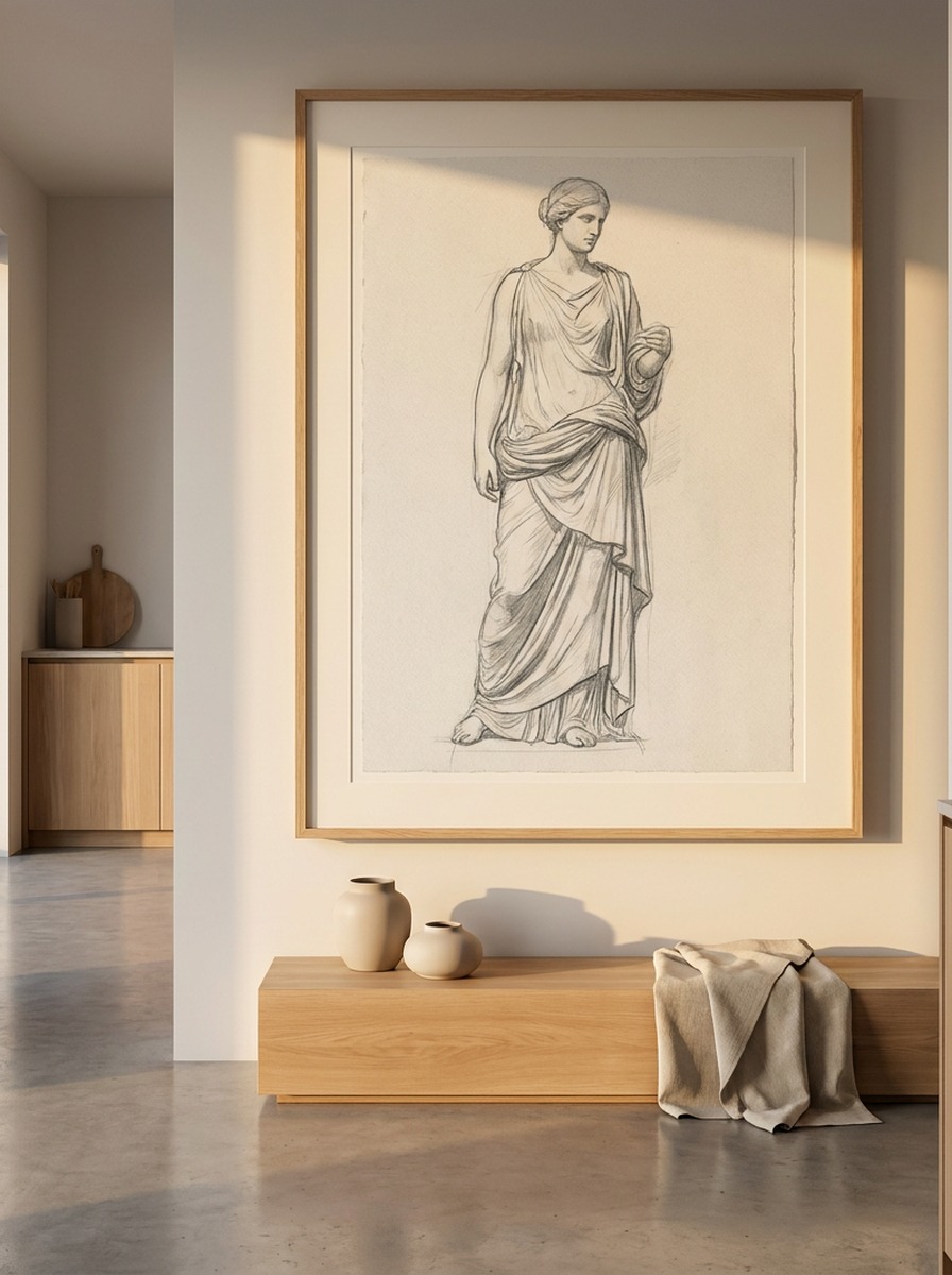 Completed framed Aphrodite figure study showing contrapposto proportion and wet drapery in a studio