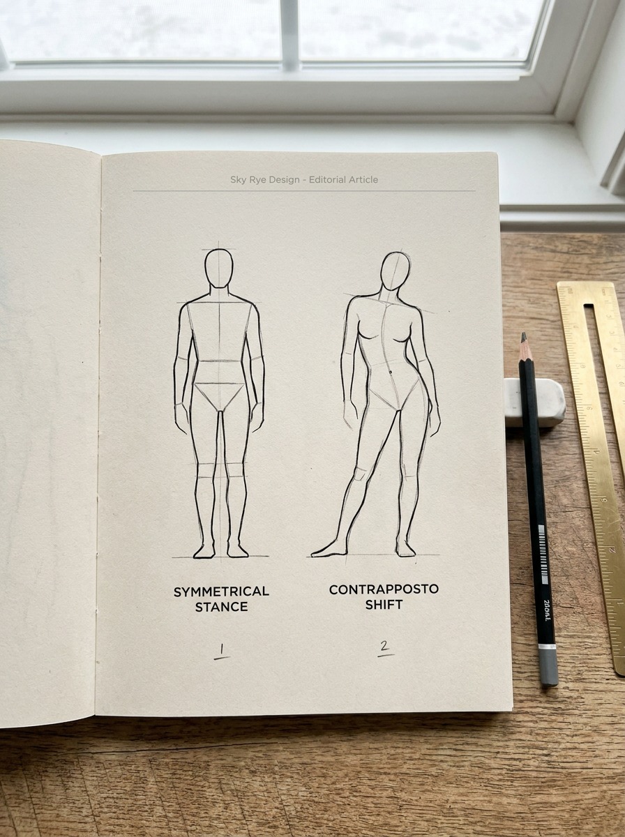 Side-by-side sketch comparison of a symmetrical stance and a contrapposto pose