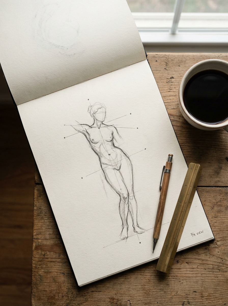 Loose gesture sketch showing a classical contrapposto S-curve pose