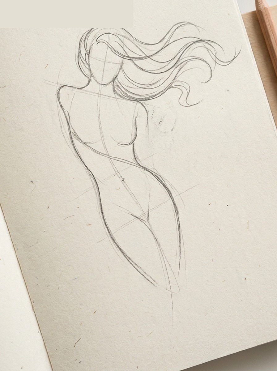 Close sketchbook study of flowing Aphrodite hair lines echoing a contrapposto curve