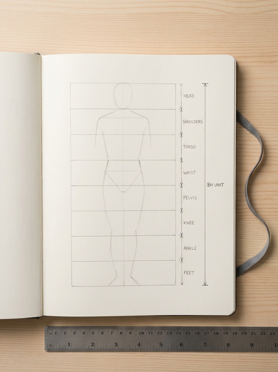 Sketchbook page showing an eight head-height proportion grid for classical figure drawing
