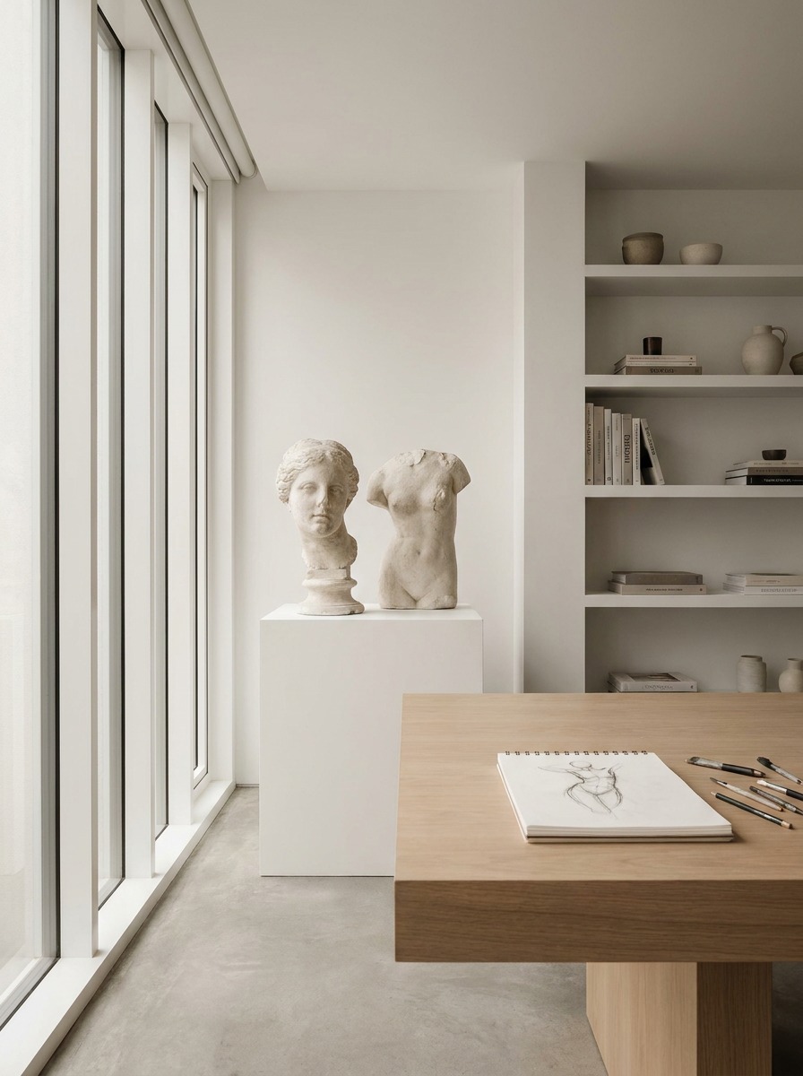 Modern art studio with a plaster cast study and an open sketchbook for an Aphrodite drawing lesson