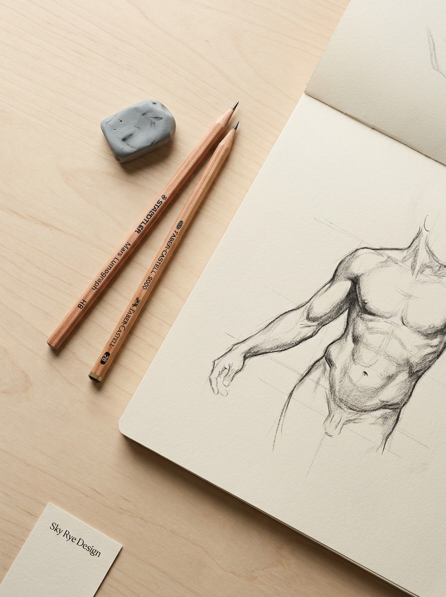 Flat lay of graphite pencils, kneaded eraser, and a classical figure drawing sketchbook