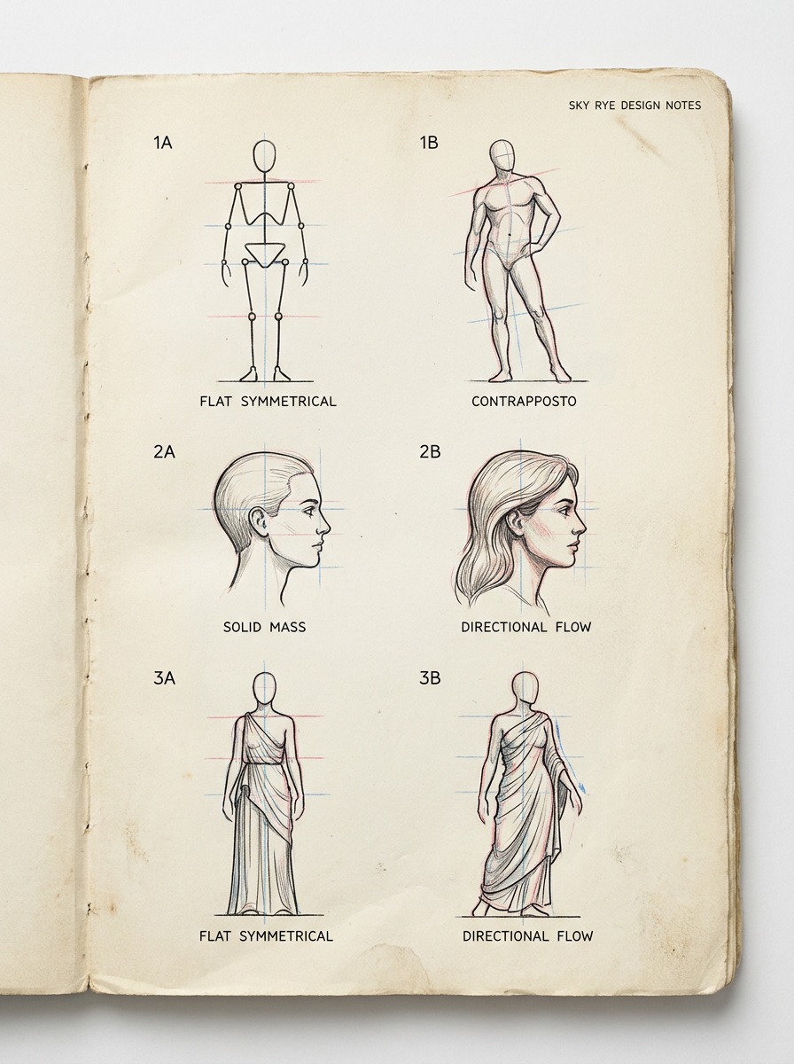 Sketchbook comparison panel showing common Aphrodite drawing mistakes and corrections
