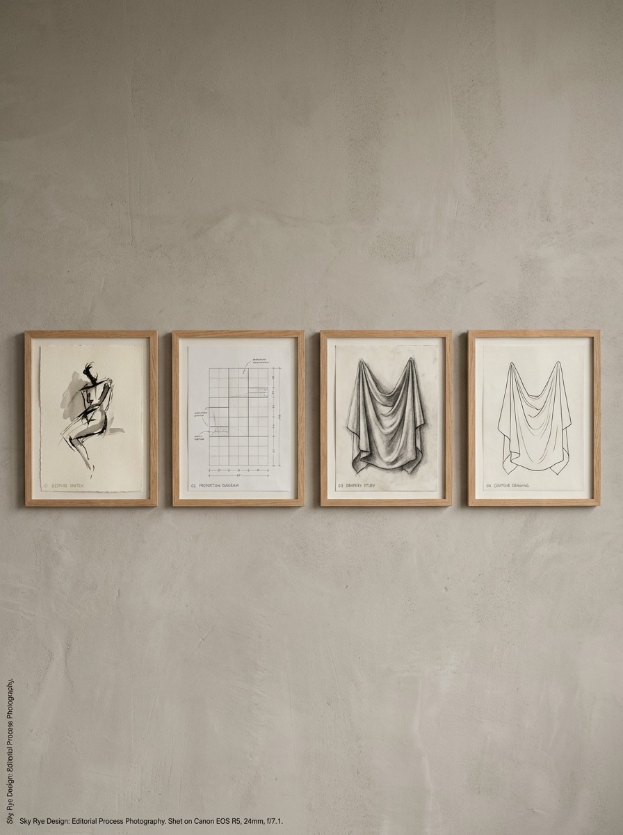 Minimal studio wall with framed gesture, proportion, drapery, and contour process studies