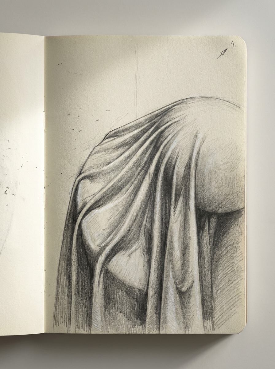 Close pencil study of wet-drapery folds radiating over a curved form