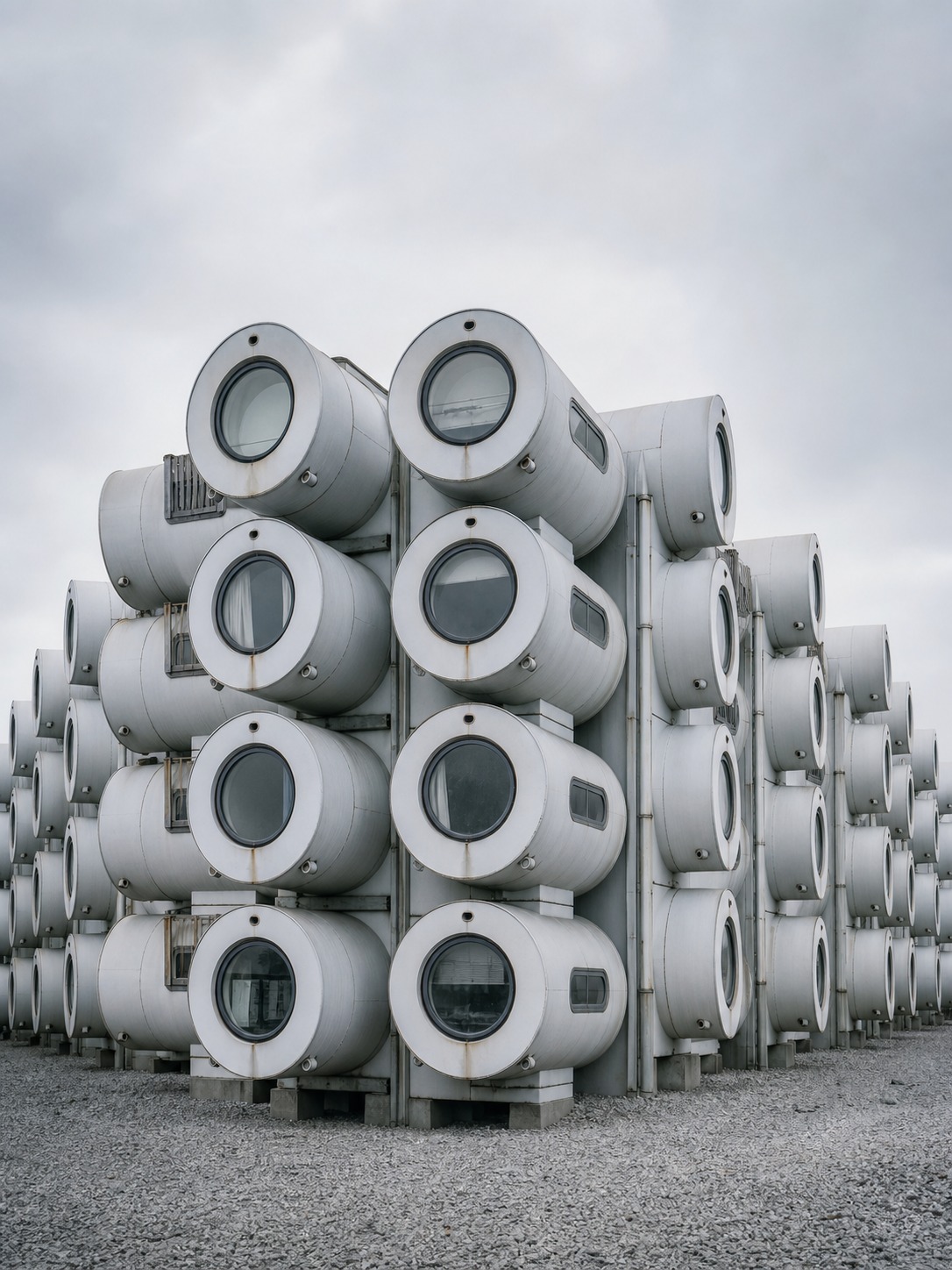 A stack of cylindrical modular housing capsules with porthole windows and industrial panel surfaces.