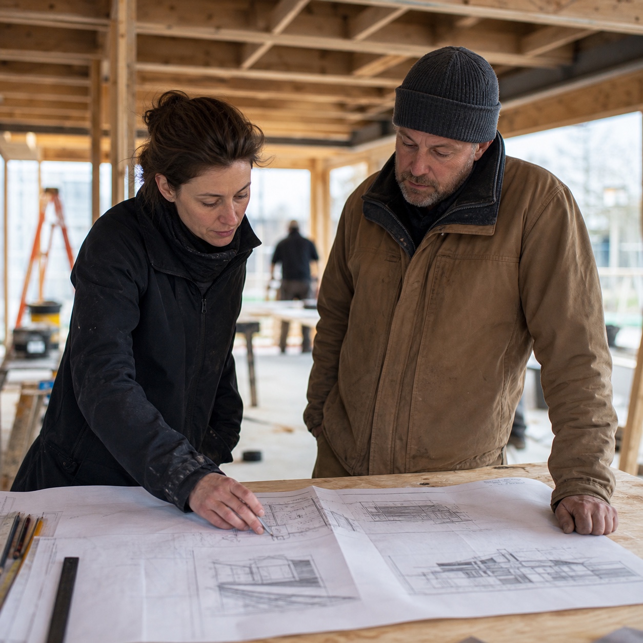 Architect and contractor coordinating over drawings Architect and general contractor reviewing drawings spread across a plywood table on site. | Sky Rye Design Architect and general contractor reviewing drawings spread across a plywood table on site.