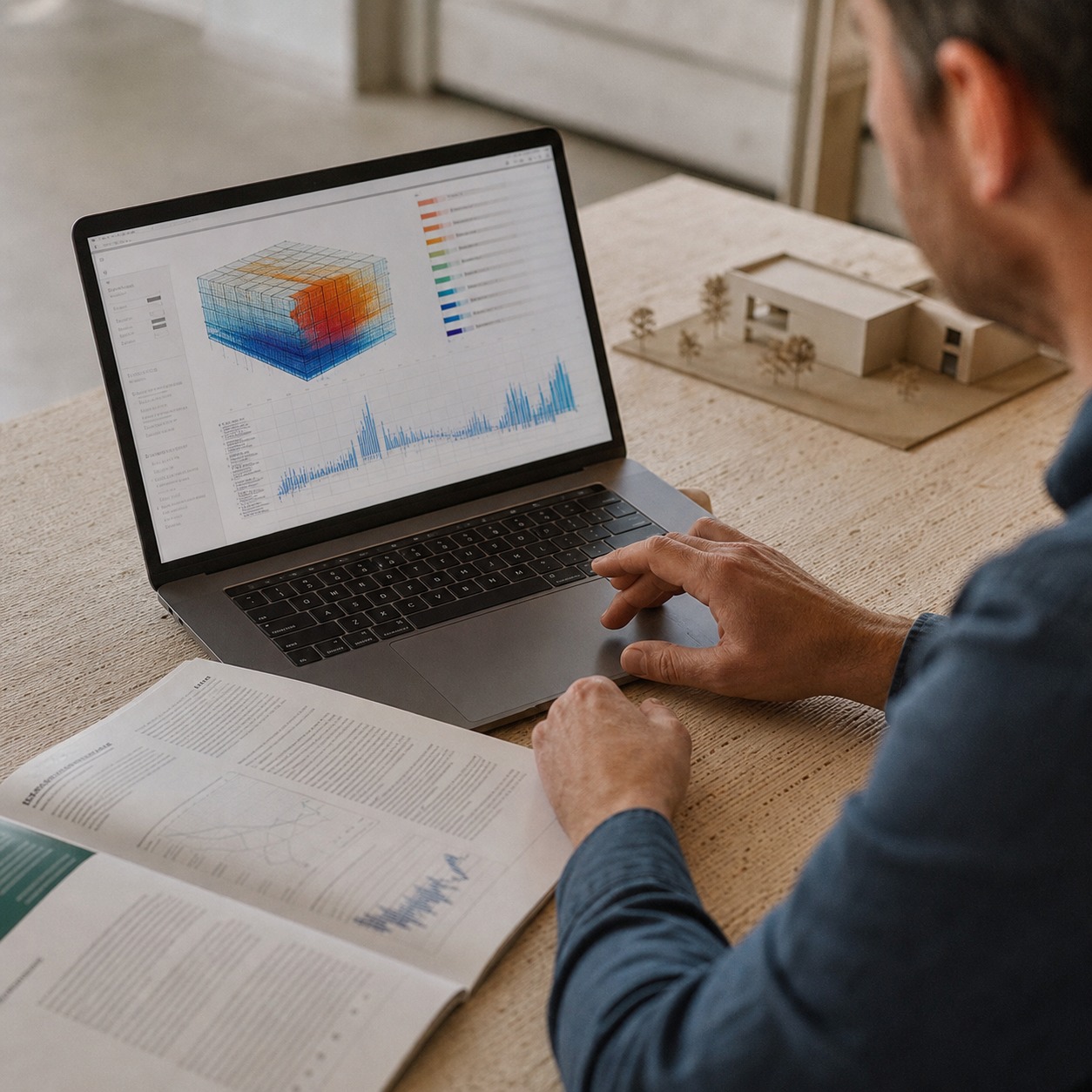 Architect reviewing energy modeling for green building design Architect reviewing energy modeling for green building design | Sky Rye Design Architect reviewing energy modeling for green building design