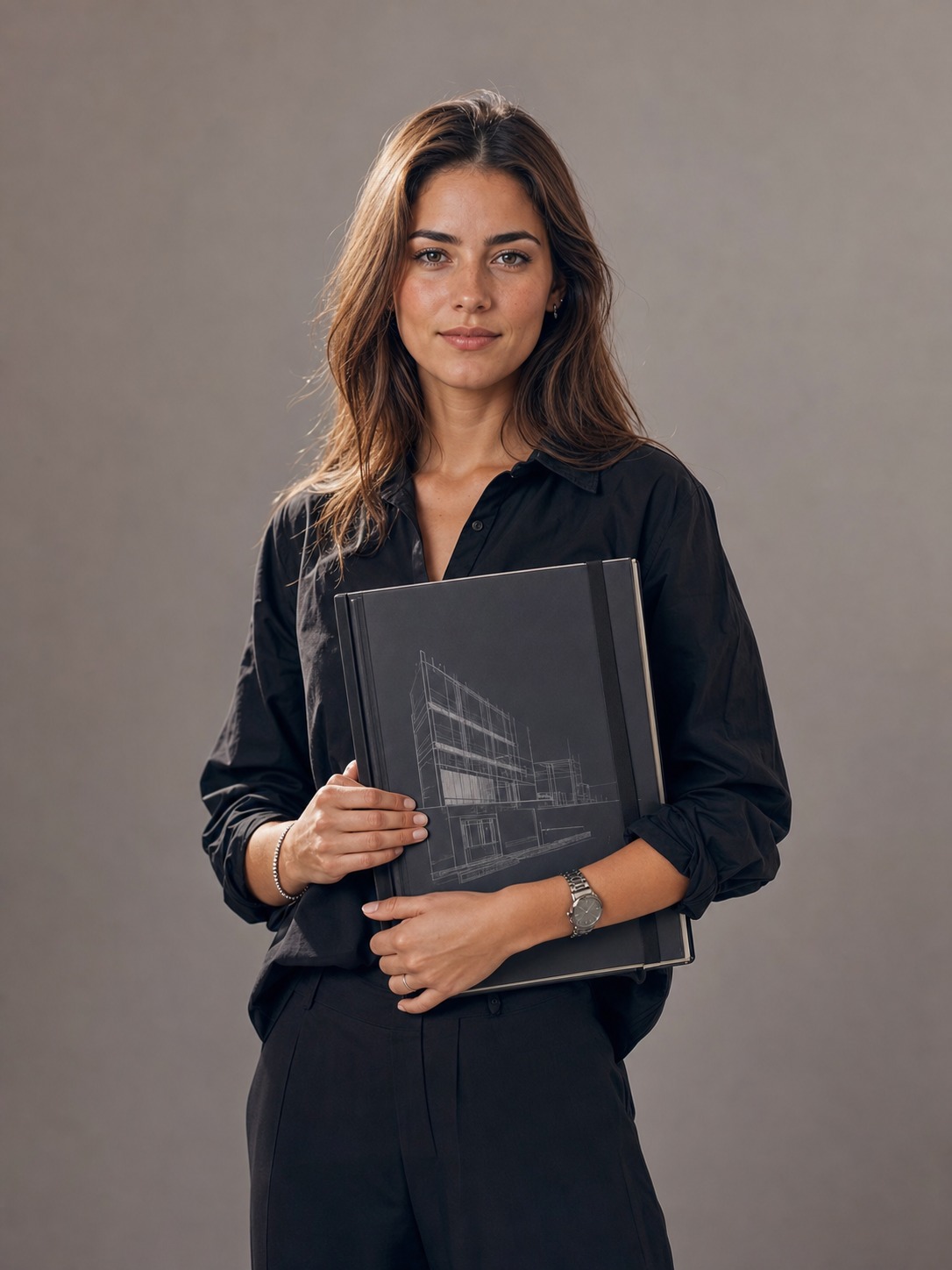 Young architect holding a closed portfolio against a neutral studio backdrop