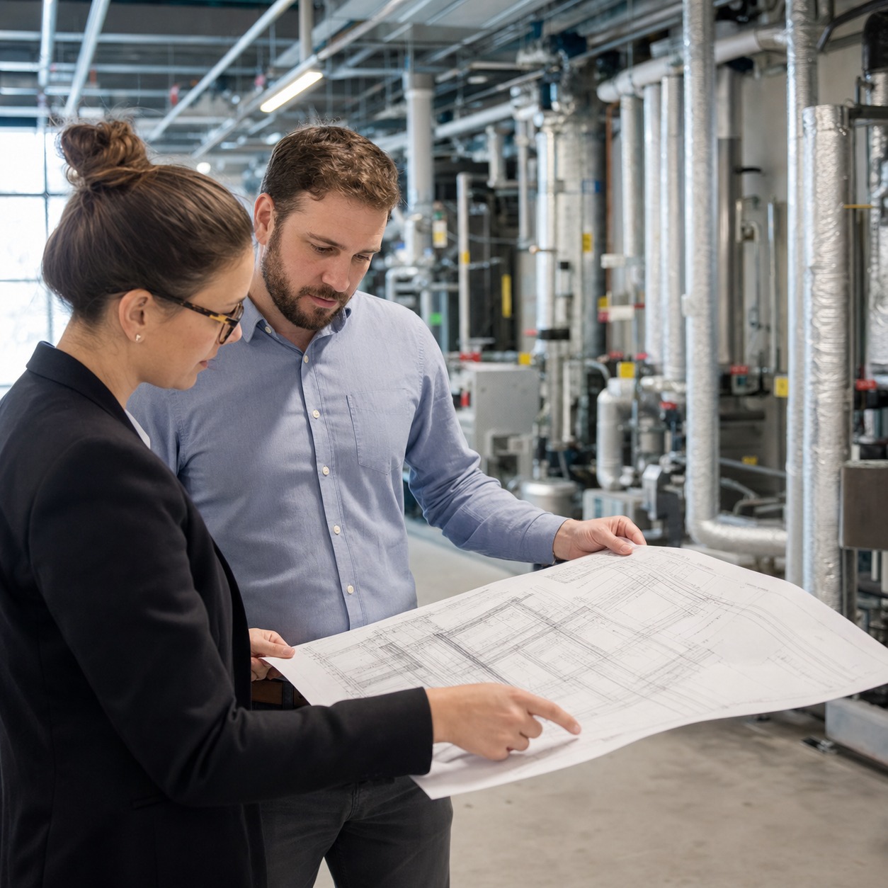 Architect and MEP engineer reviewing pipe routing in a mechanical room Architect and MEP engineer reviewing pipe routing in a mechanical room | Sky Rye Design Architect and MEP engineer reviewing pipe routing in a mechanical room