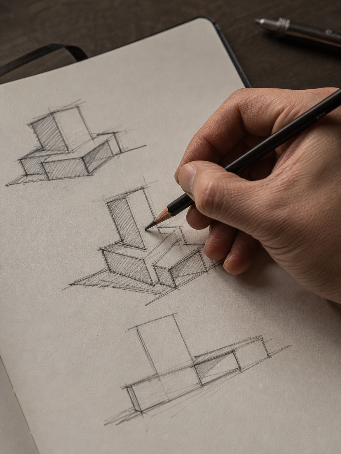 Hand sketching architectural massing diagrams in a sketchbook