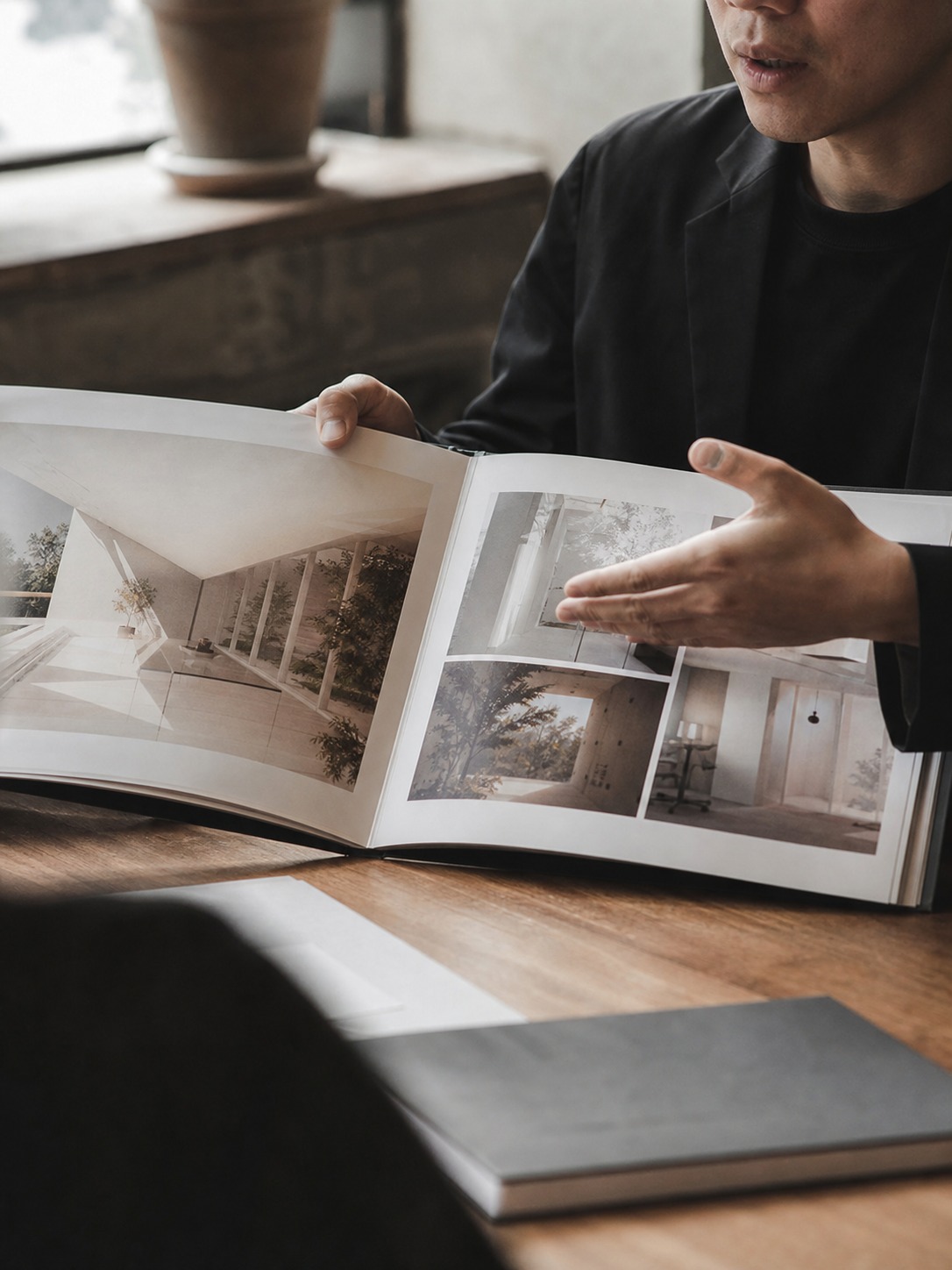 Designer presenting an open architecture portfolio during an interview