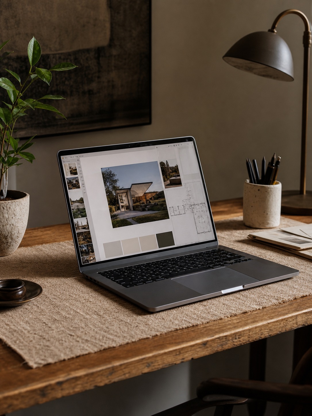 Laptop on a designer desk showing an architecture portfolio layout in progress